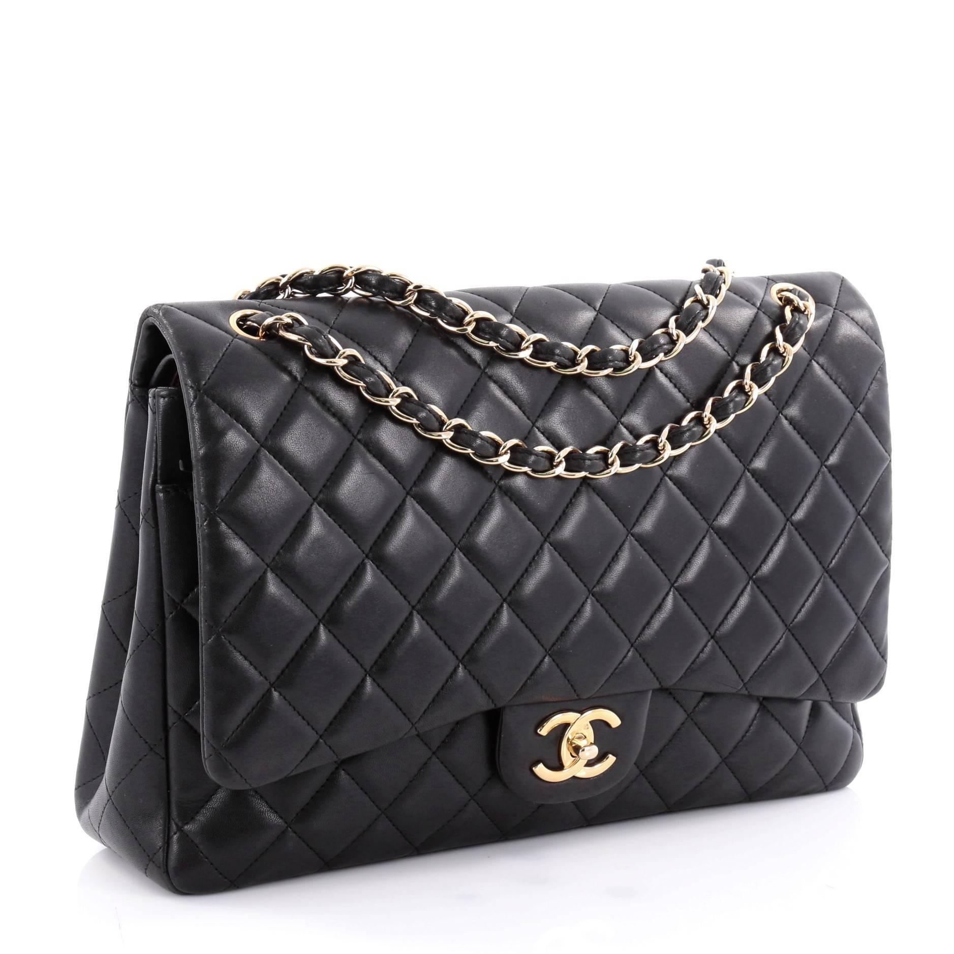 Black Chanel Classic Double Flap Bag Quilted Lambskin Maxi