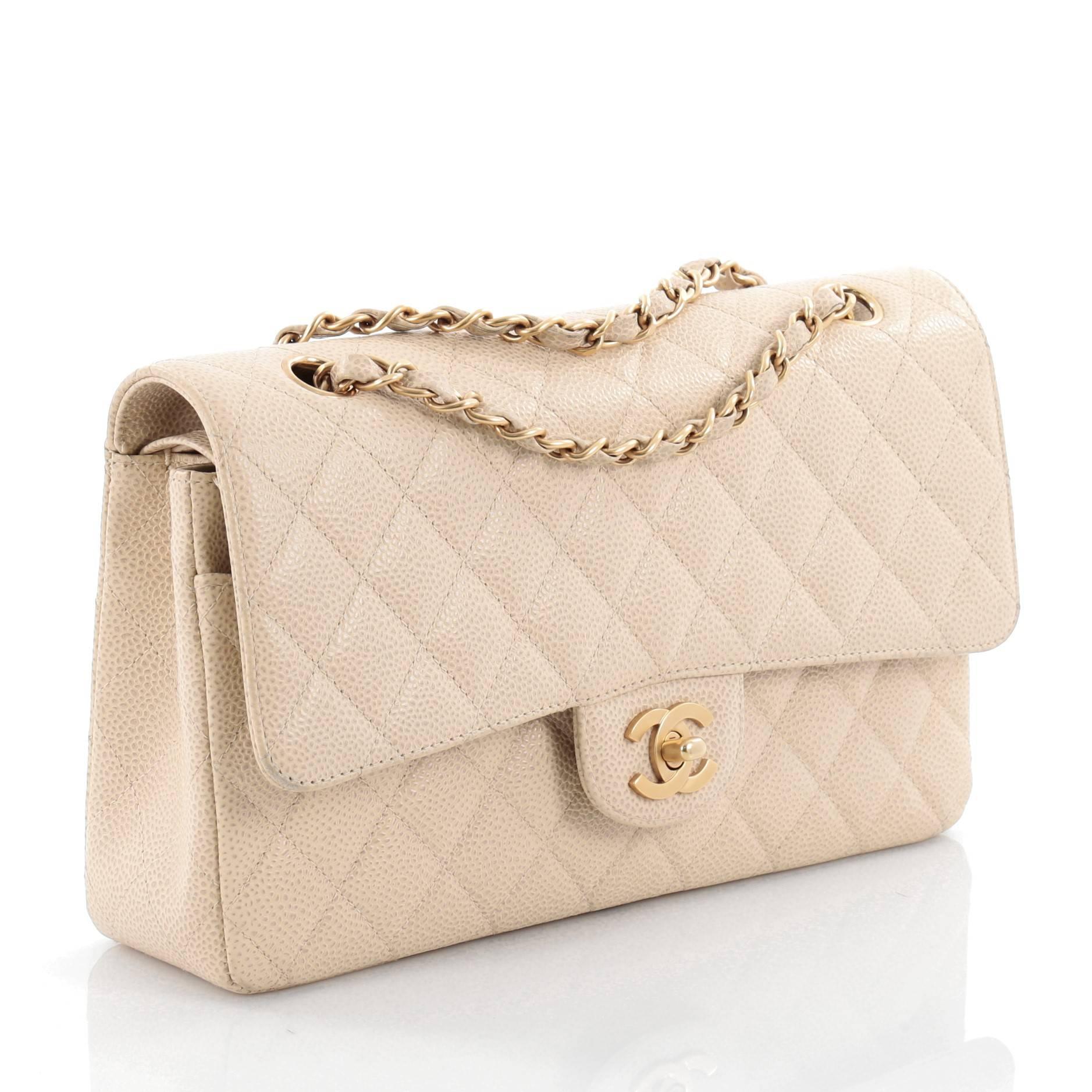 Beige Chanel Vintage Classic Double Flap Bag Quilted Caviar Medium