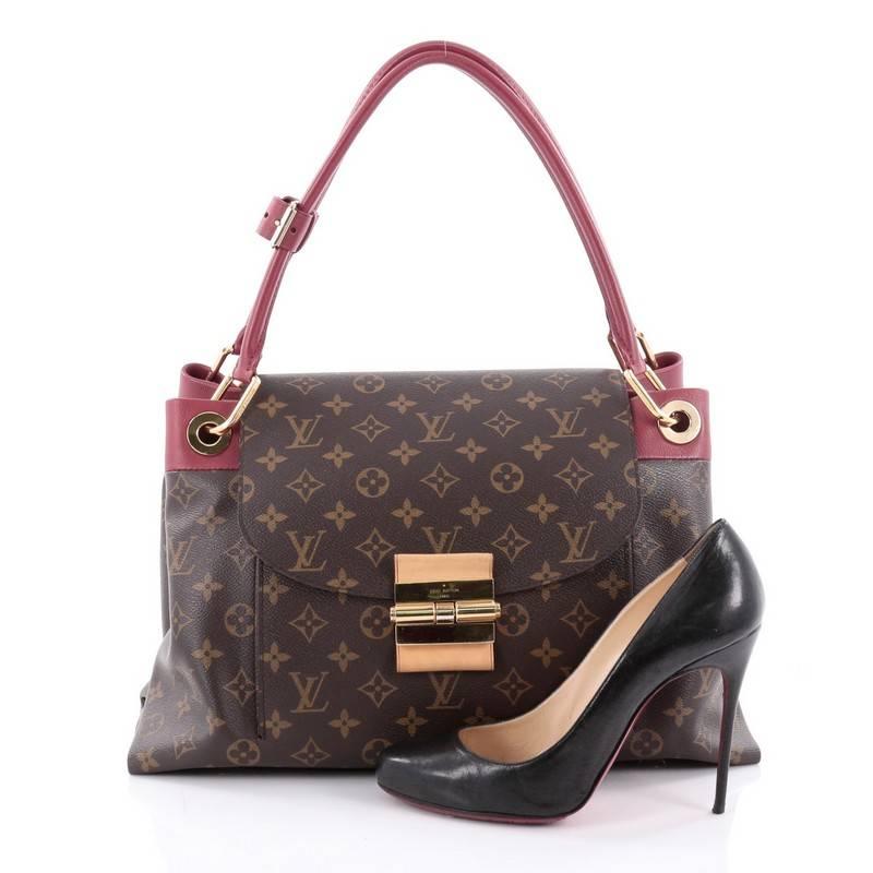 This authentic Louis Vuitton Olympe Handbag Monogram Canvas showcases the brand's heritage-inspired style with an added sophistication. Crafted from Louis Vuitton’s signature brown monogram coated canvas and red leather trims, this sturdy tote
