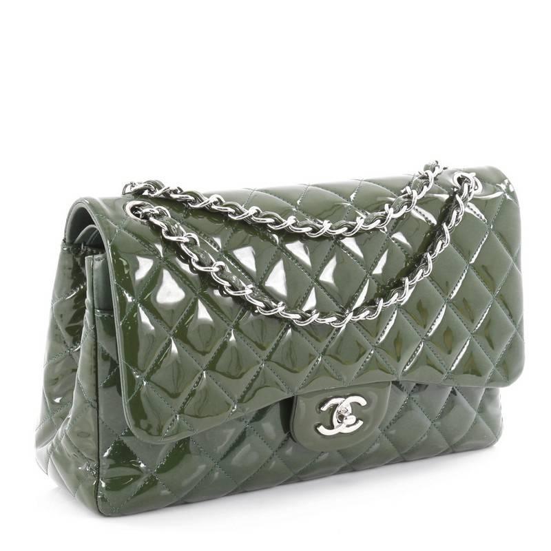 Gray Chanel Classic Double Flap Bag Quilted Patent Jumbo