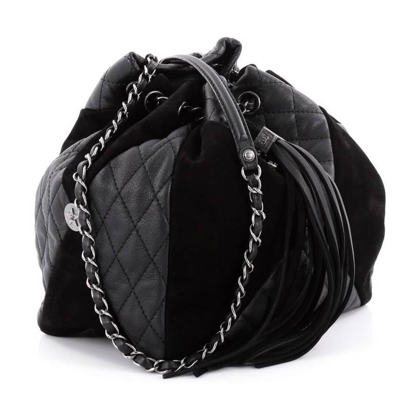 Black Chanel Patchwork Quilted Leather and Suede Small Drawstring Bag 