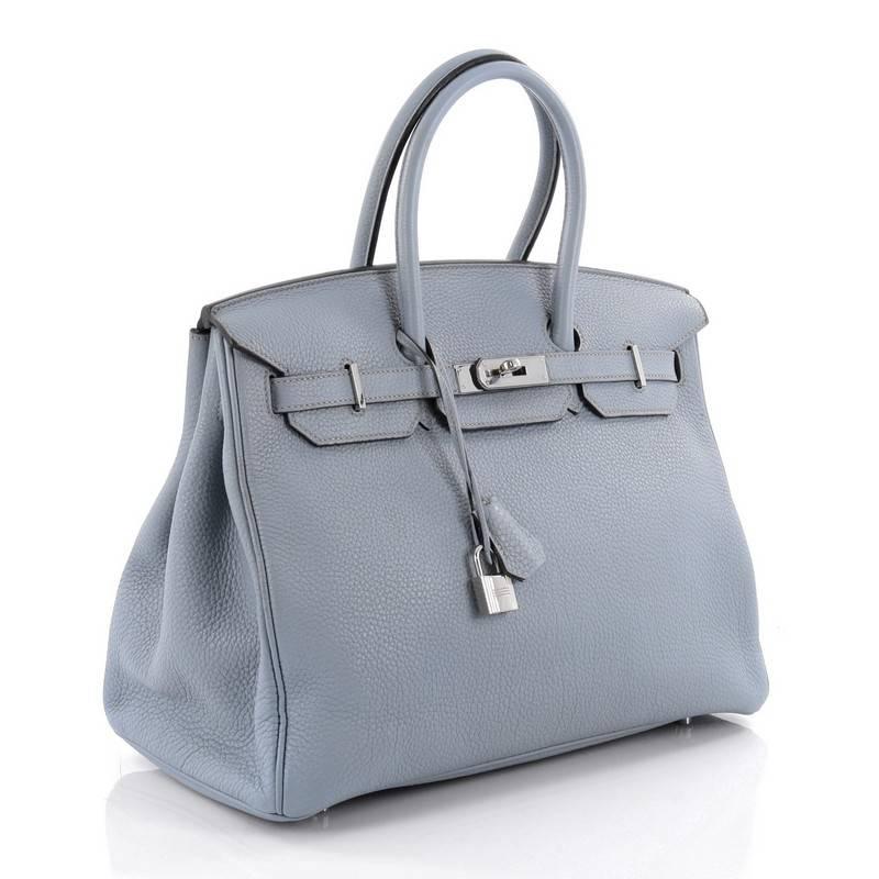 Gray Hermes Birkin Handbag Bleu Lin Togo with Palladium Hardware 35