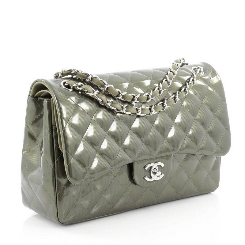 Gray Chanel Classic Double Flap Bag Quilted Striped Metallic Patent Jumbo