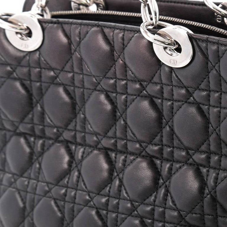 Christian Dior Black Cannage Quilted Lambskin Leather Soft Medium Zipped Shopping Tote Bag