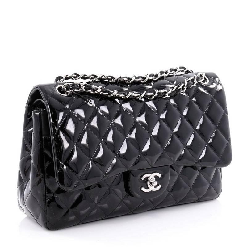 Black Chanel Classic Double Flap Bag Quilted Patent Jumbo