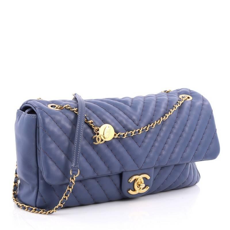 Gray Chanel Medallion Charm Flap Bag Chevron Calfskin Jumbo