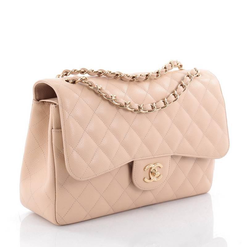 Beige Chanel Classic Double Flap Bag Quilted Caviar Jumbo