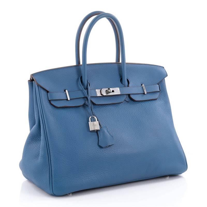 Hermes Birkin Handbag Blue Mykonos Clemence with Palladium Hardware 35 In Good Condition In NY, NY