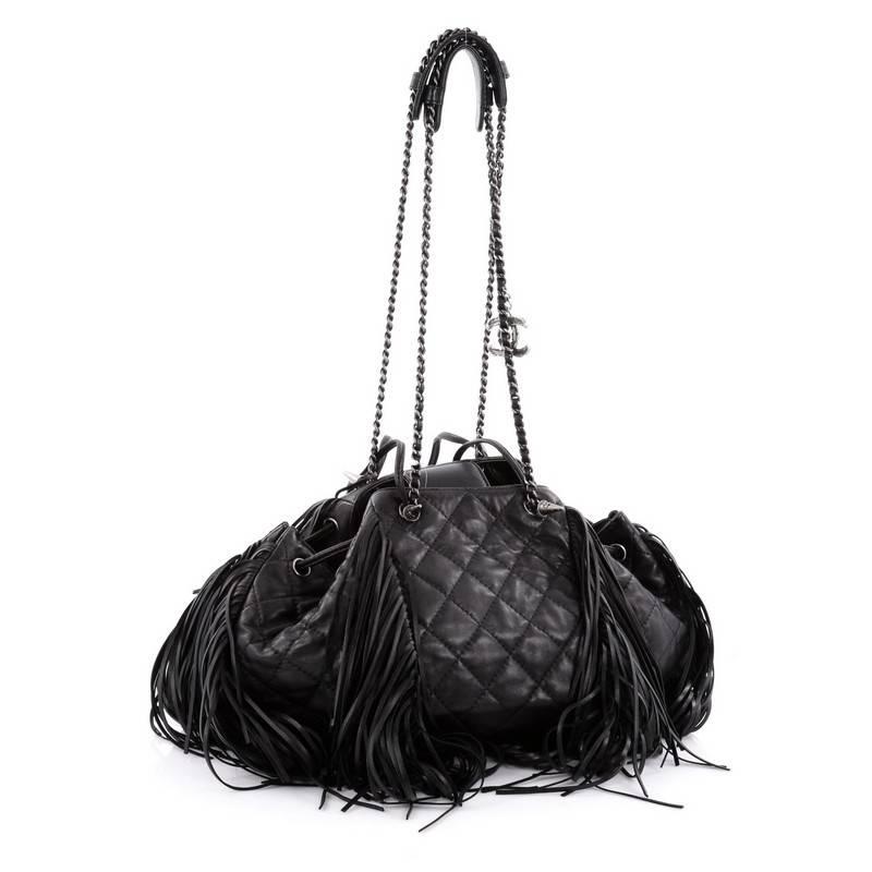 Black Chanel Paris-Dallas Large Drawstring Fringe Quilted Leather Shoulder Bag 
