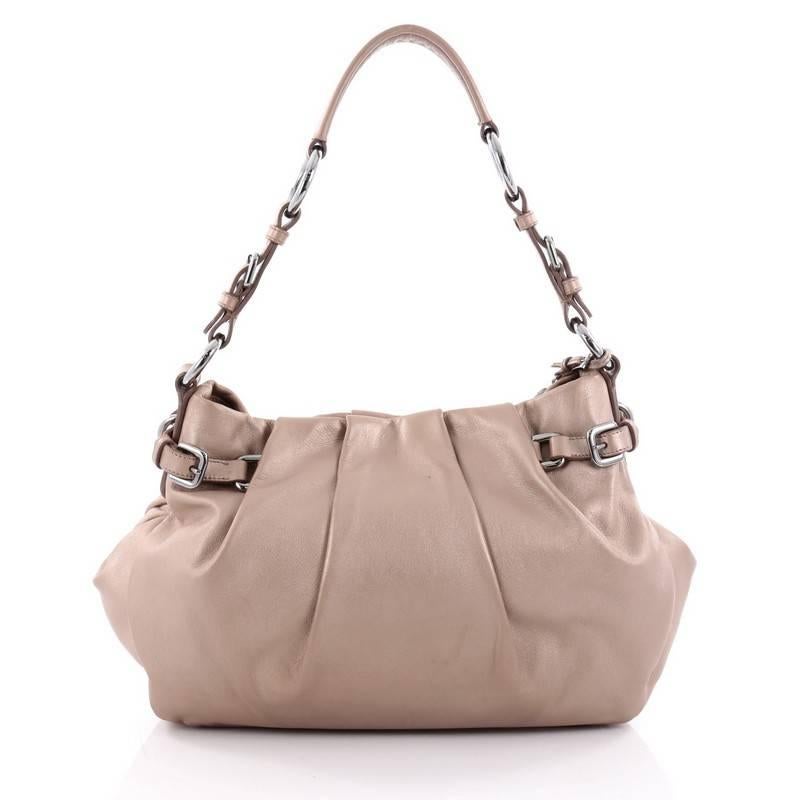 Beige Prada Buckle Pleated Shoulder Bag Soft Calfskin Medium