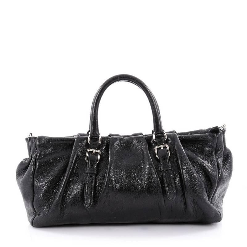 Prada Lux Pleated Convertible Satchel Cervo Leather East West In Good Condition In NY, NY