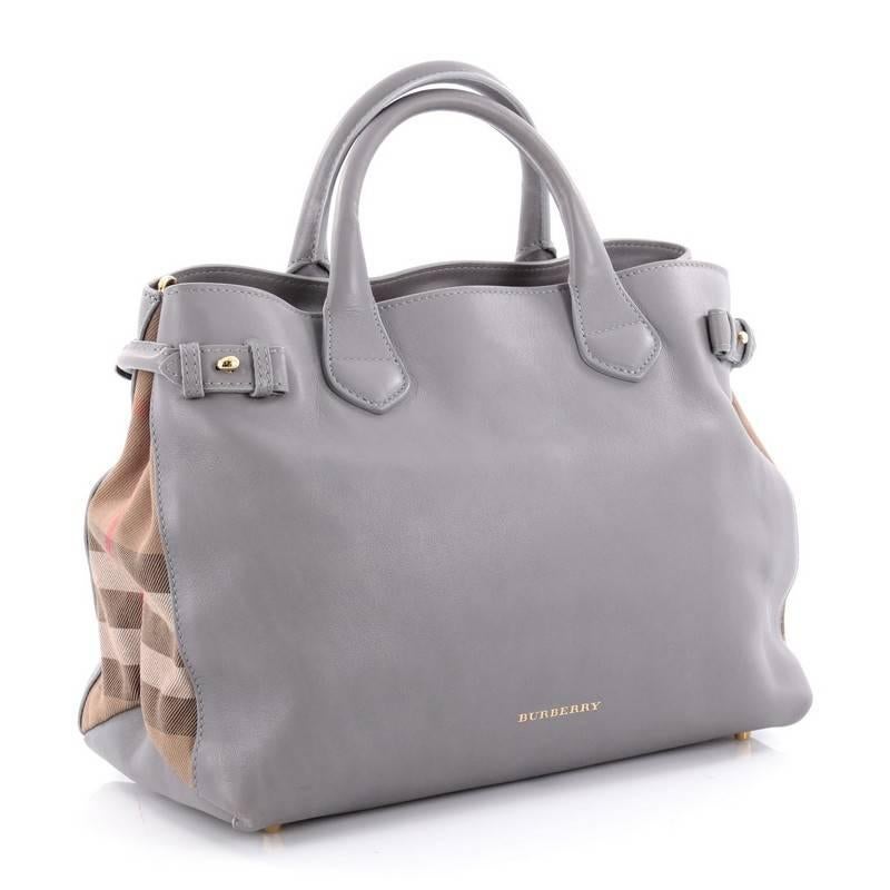 Gray Burberry Banner Convertible Tote Leather and House Check Canvas Medium
