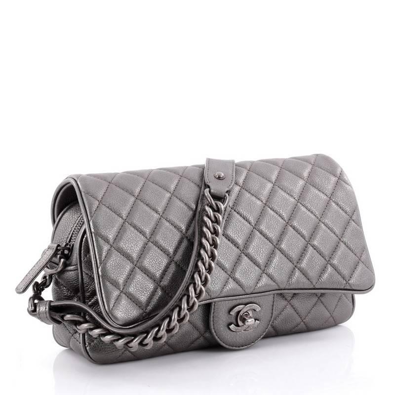 Gray Chanel Airlines Chain Handle Flap Bag Quilted Goatskin Small