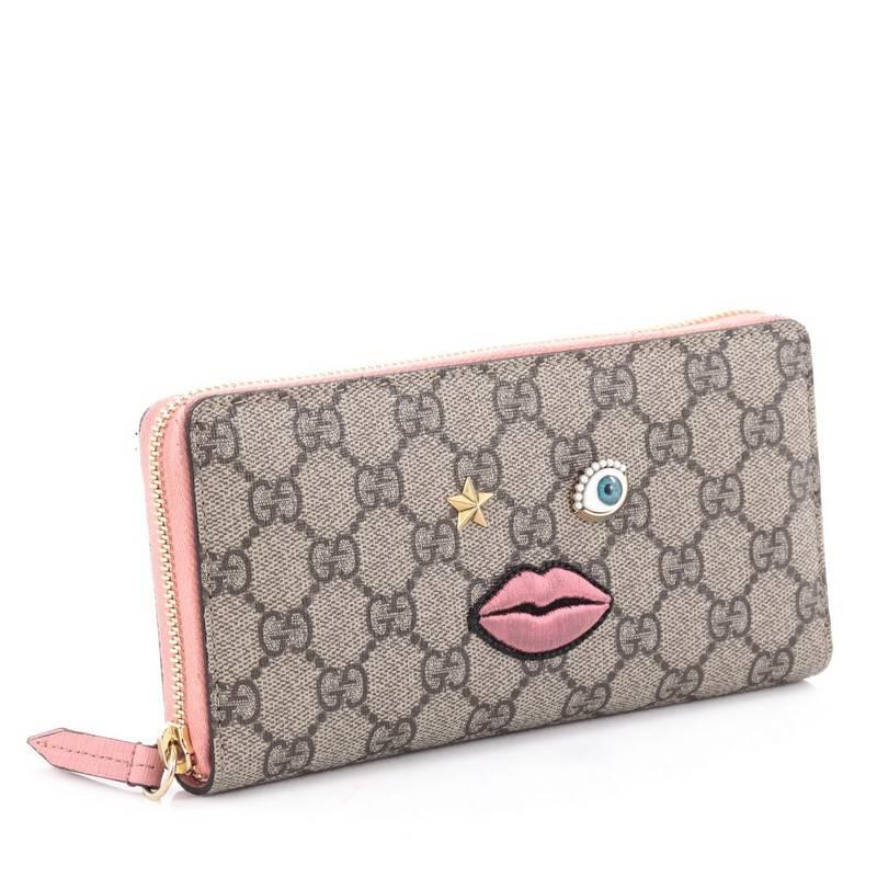 Gray Gucci Zip Around Wallet GG Coated Canvas with Face Applique