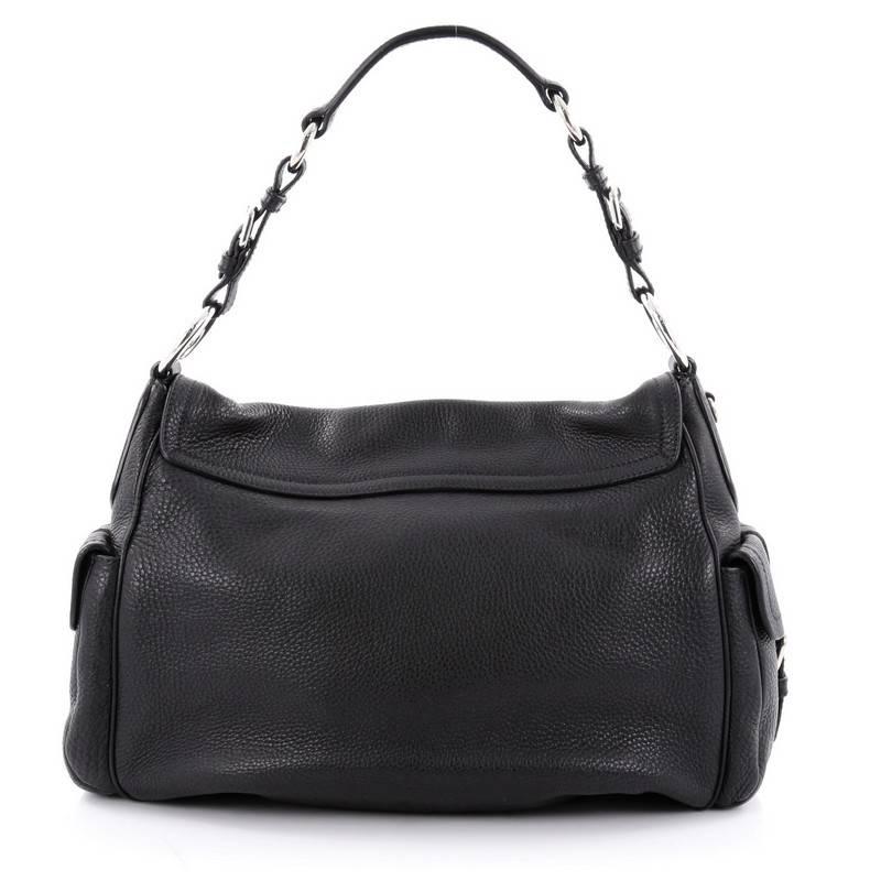Black Prada Side Pocket Flap Shoulder Bag Vitello Daino Large