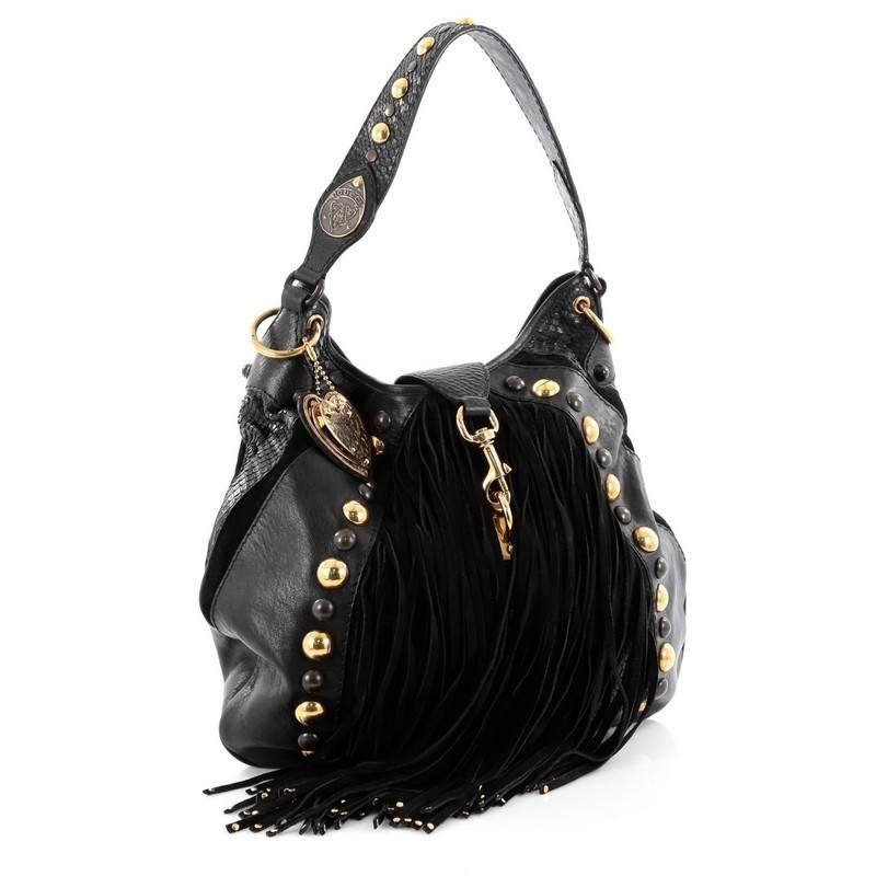 Black Gucci Fringe Babouska Convertible Hobo Python and Leather Large