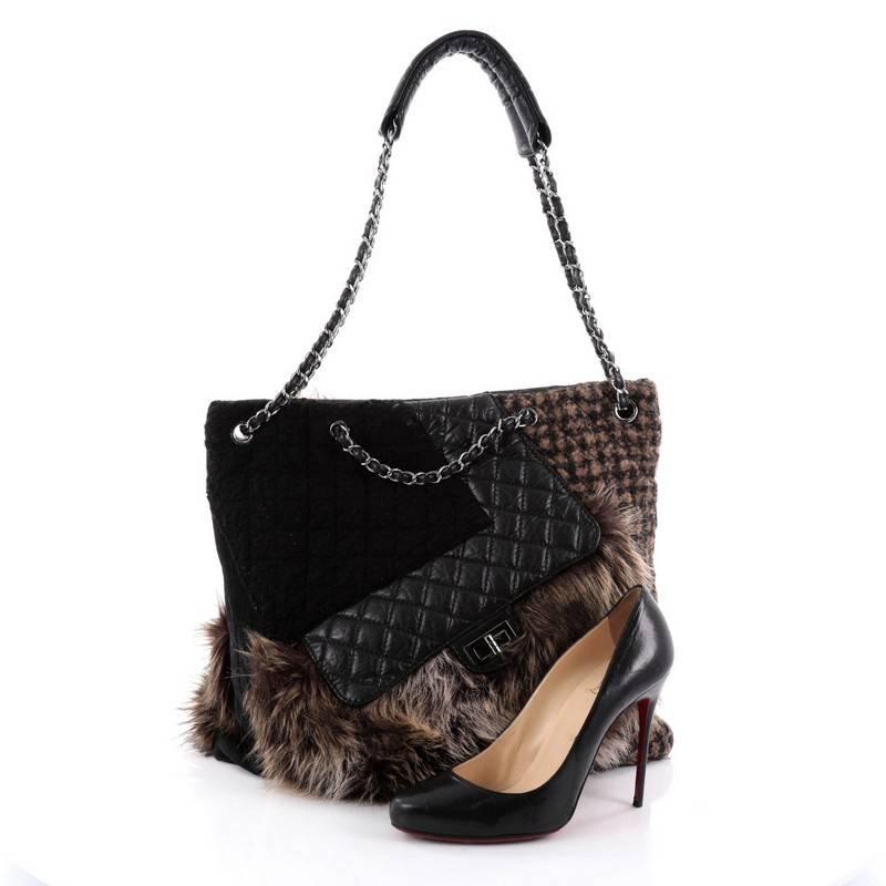 This authentic Chanel Karl's Fantasy Cabas Tote Fur Tweed and Quilted Leather designed by Karl Lagerfeld is a show-stopping piece made for avid Chanel lovers. Crafted from brown and black faux fur and tweed diamond quilted leather with extending