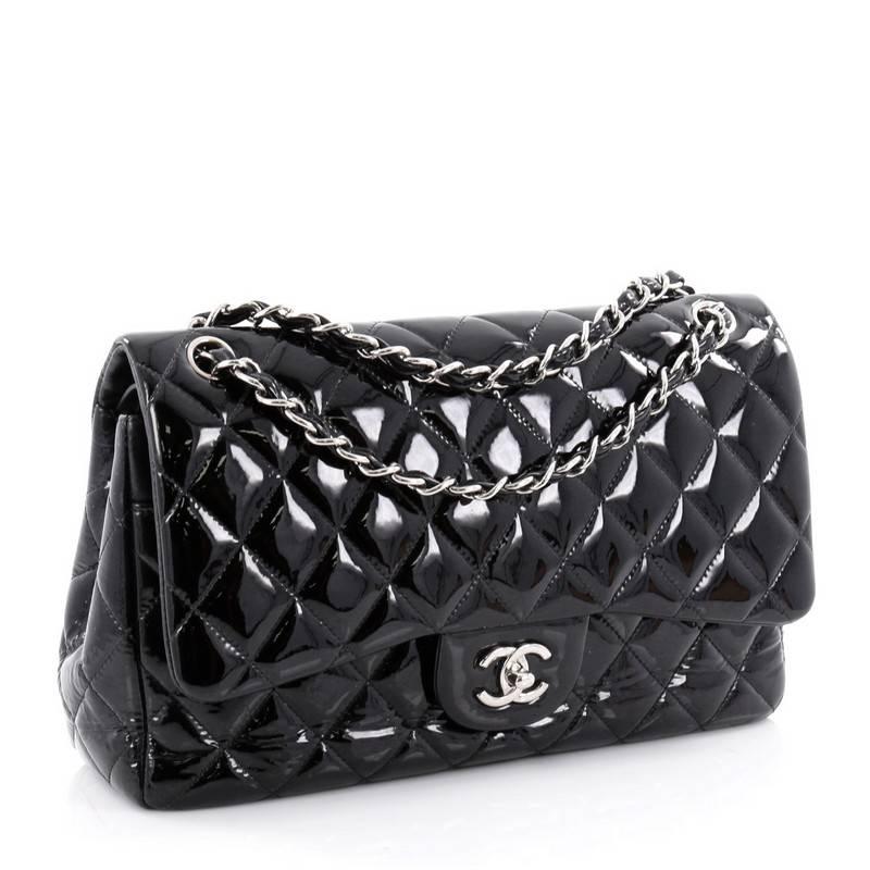 Black Chanel Classic Double Flap Bag Quilted Patent Jumbo