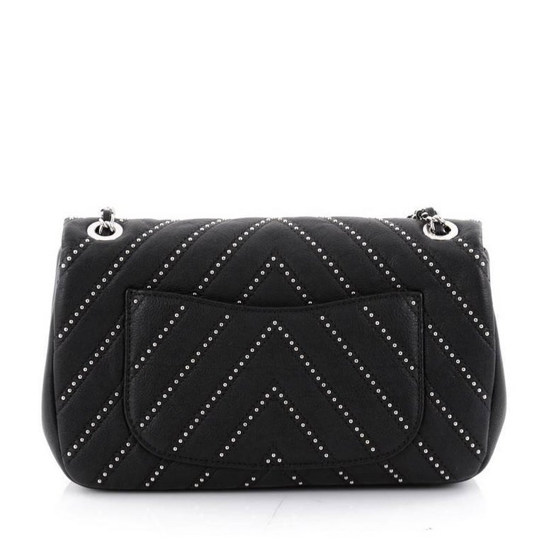 Chanel Studded Chevron Flap Bag of Black Calfskin with Silver Tone Hardware, Handbags & Accessories Online, Ecommerce Retail