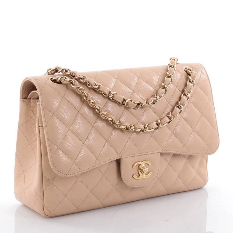 Beige  Chanel Classic Double Flap Bag Quilted Caviar Jumbo