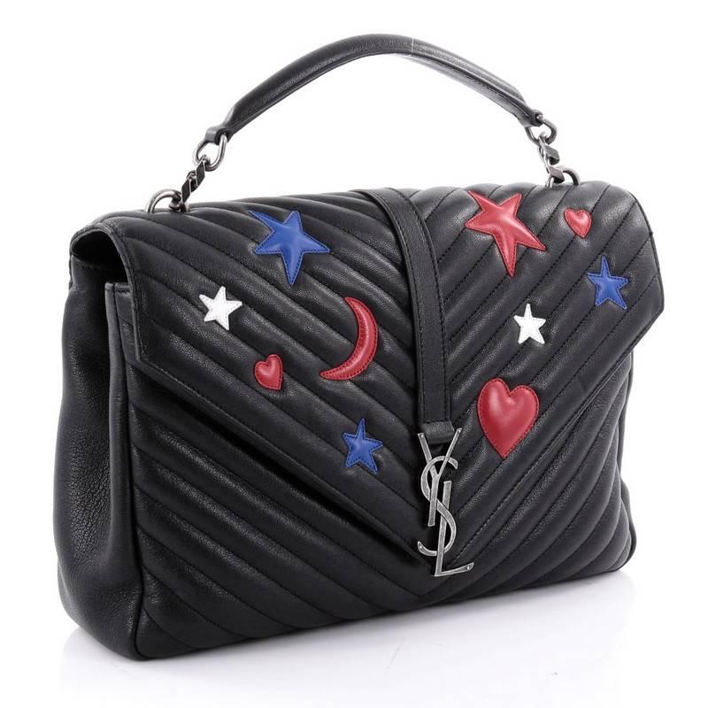 Black Saint Laurent College Monogram Bag Embellished Matelasse Chevron Leather Large