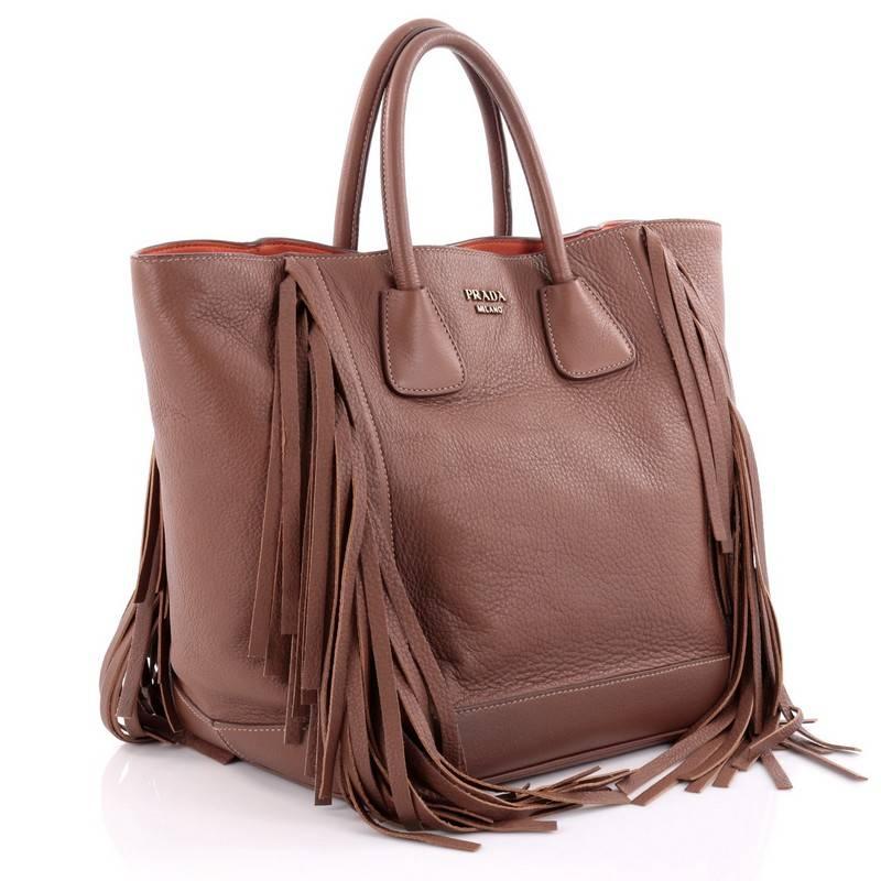 Brown Prada Side Fringe Tote Cervo Leather Medium