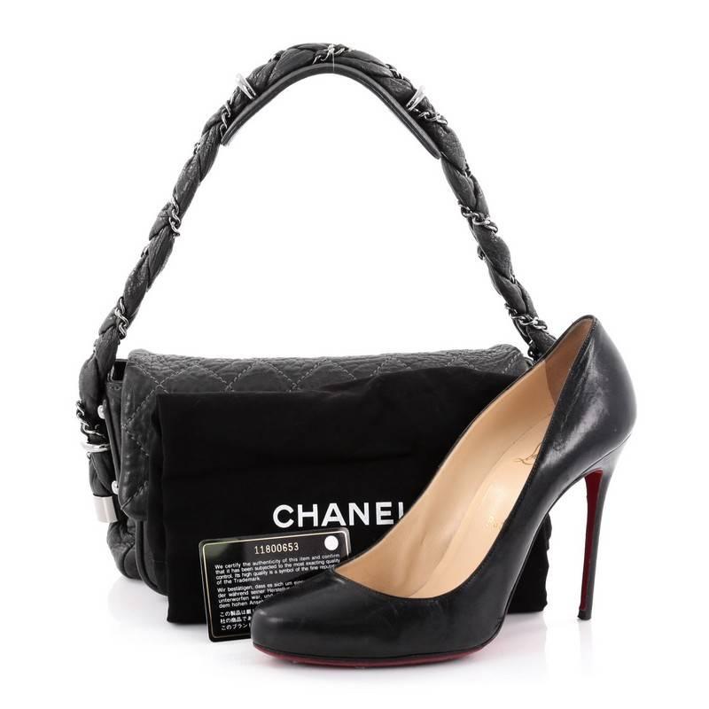This authentic Chanel Lady Braid Flap Bag Quilted Distressed Lambskin Small is a beautiful added piece to your collection. Crafted from dark grey distressed lambskin leather, this beautiful everyday flap features pleated details, faux CC logo,