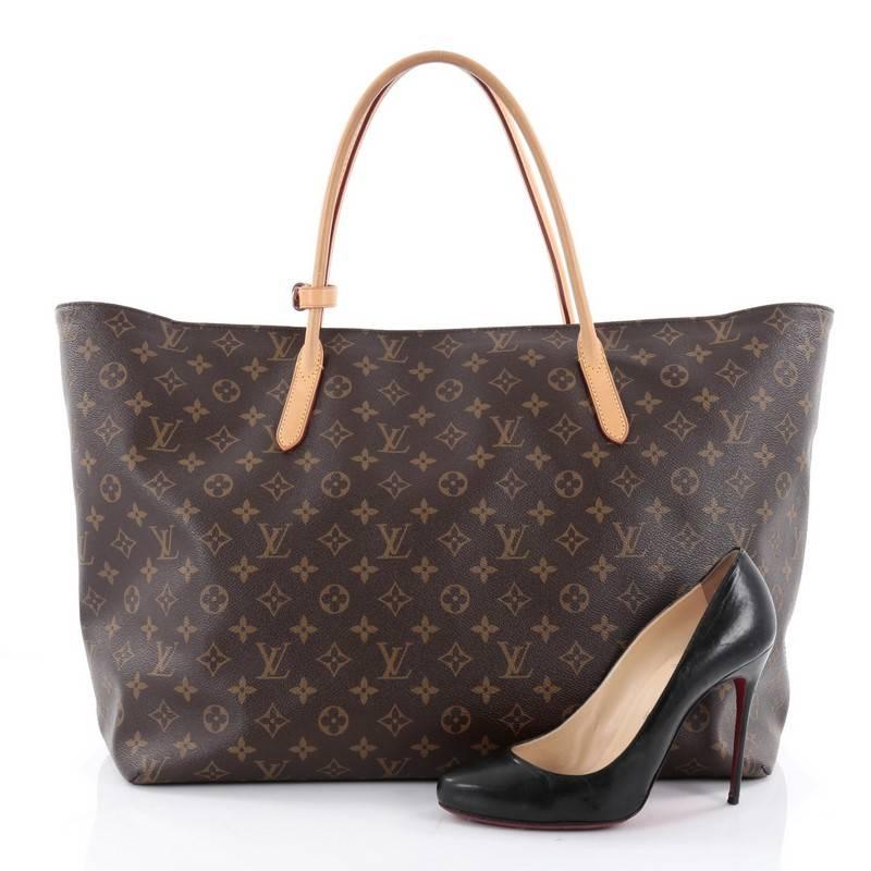 This authentic Louis Vuitton Raspail Tote Monogram Canvas GM showcases a simple, practical design perfect for everyday use. Crafted from Louis Vuitton's brown monogram printed canvas, this oversized tote features dual-rolled vachetta leather handles
