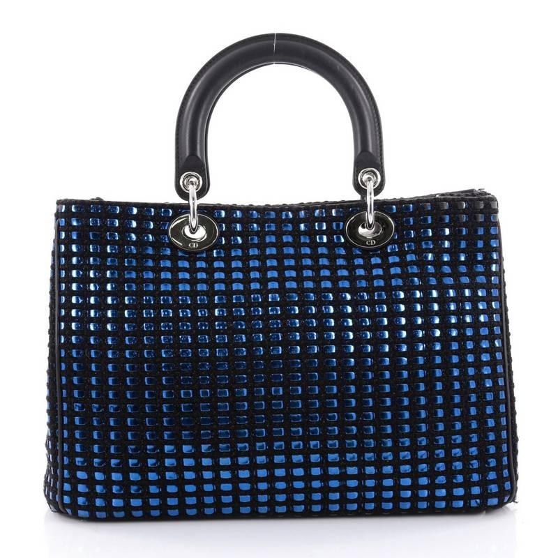 Christian Dior Lady Dior Handbag Embellished Woven Tweed and Leather Large In Good Condition In NY, NY
