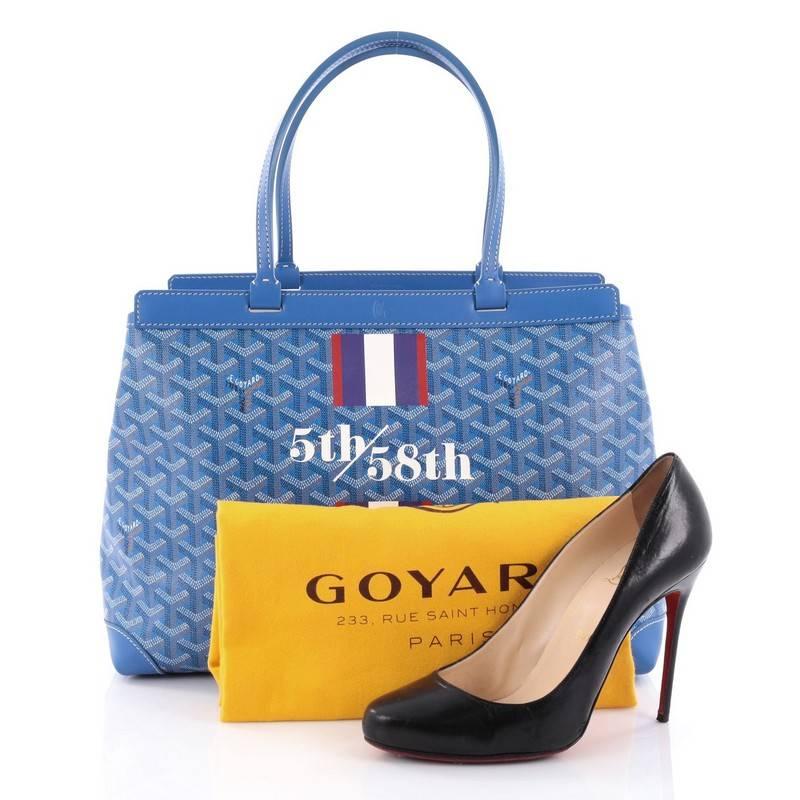 This authentic Goyard Bellechasse Bag Coated Canvas PM that takes its name from the chic Parisian street showcases a modern style perfect for any on-the-go moments. Crafted from blue Goyard coated canvas with blue, cognac and creme chevron prints,