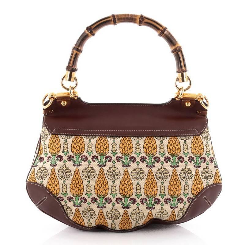 Gucci Bamboo Convertible Satchel Pigna Canvas with Studded Leather Medium In Good Condition In NY, NY