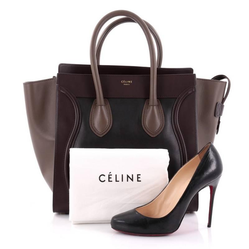 This authentic Celine Tricolor Luggage Handbag Leather Mini is one of the most sought-after bags beloved by fashionistas. Crafted from tricolor leather, this minimalist tote features dual-rolled handles, an exterior front pocket, protective base