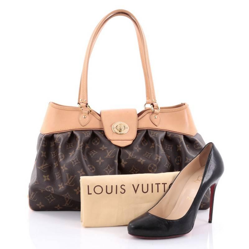 This authentic Louis Vuitton Boetie Handbag Monogram Canvas MM is an elegant yet practical bag. Crafted from brown monogram coated canvas with natural leather trims, this bag features dual padded flat leather handles, pleated details, engraved