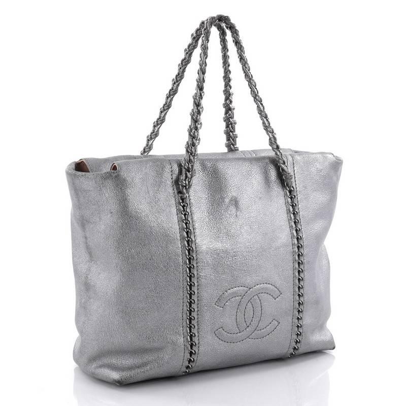 Gray Chanel Luxe Ligne Zip Top Tote Calfskin Large