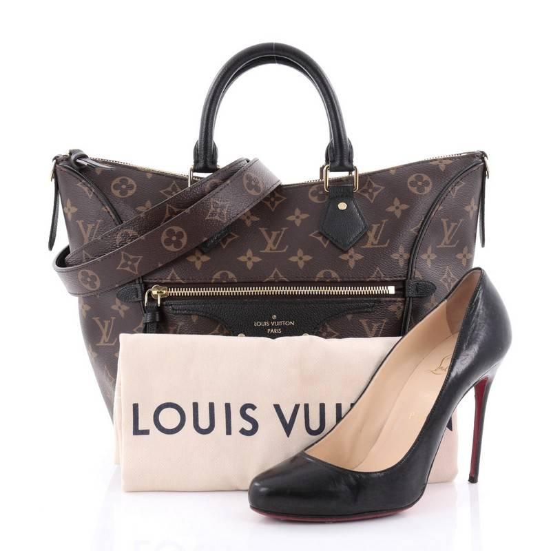 This authentic Louis Vuitton Tournelle Tote Monogram Canvas PM is a go-anywhere carryall for work and play. Crafted in brown monogram coated canvas with black leather trims, this chic bag features dual-rolled leather handles, detachable strap,