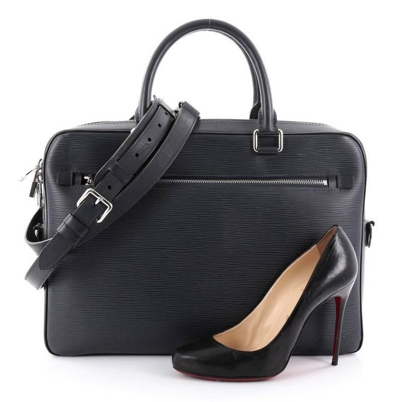 This authentic Louis Vuitton Porte-Documents Business Bag Epi Leather is perfect for daily or business excursions. Crafted from greyish blue epi leather, this stylish and functional bag features dual-rolled leather handles, exterior zip pocket,