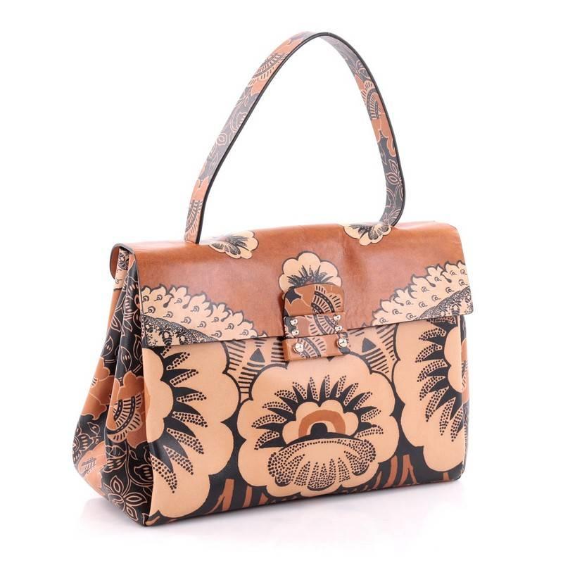 Brown Valentino Floral Top Handle Bag Printed Leather Medium