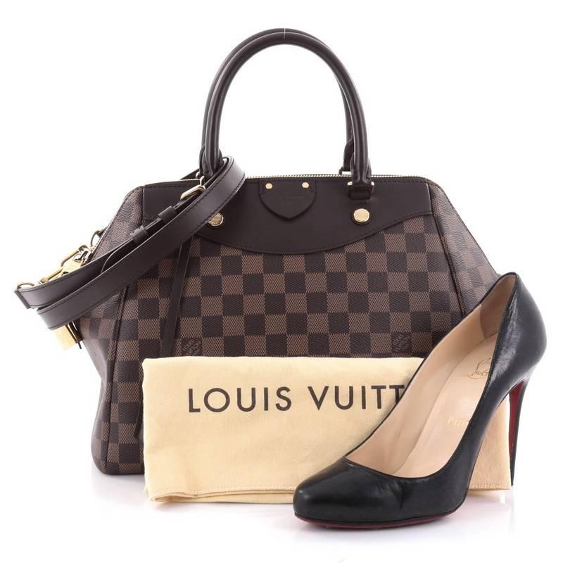 This authentic Louis Vuitton Mews Handbag Damier is a chic and sporty bag that is perfect for everyday wear. Crafted from damier ebene coated canvas, this bag features dual-rolled leather handles, detachable strap, brown leather trims, protective