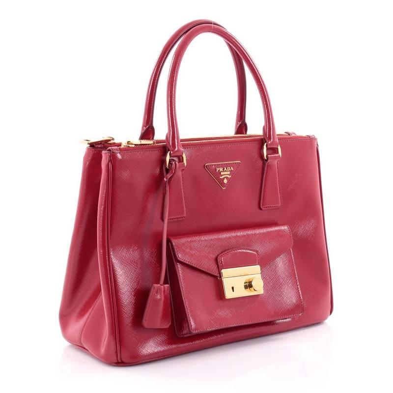 Red Prada Front Pocket Double Zip Lux Tote Vernice Saffiano Leather Medium