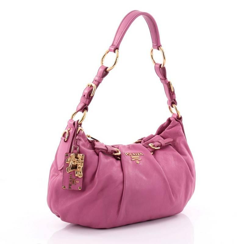 Pink Prada Buckle Pleated Shoulder Bag Soft Calfskin Medium