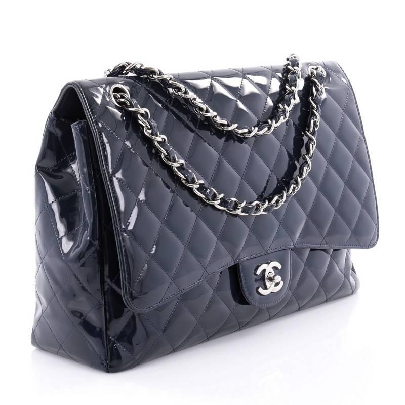 Black  Chanel Classic Single Flap Bag Quilted Patent Maxi