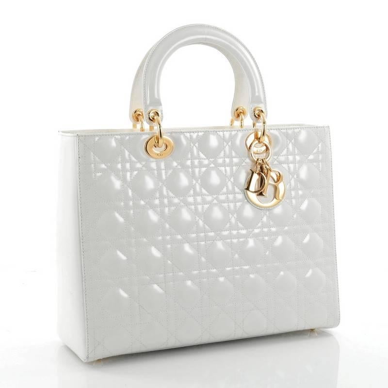 Gray Christian Dior Lady Dior Handbag Cannage Quilt Patent Large