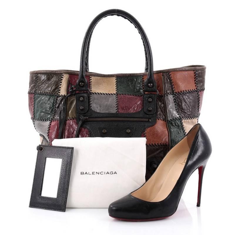This unique Balenciaga Sunday Tote Classic Studs Patchwork Leather Small is stylish and beautiful in design made for everyday use. Constructed in multicolor patchwork leather, this tote features dual-rolled braided handles, signature Balenciaga
