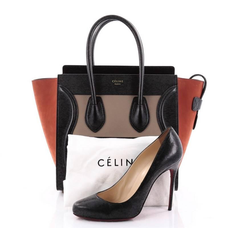 This authentic Celine Tricolor Luggage Handbag Leather Micro showcases an elegant day-to-day style essential for any fashionista. Constructed with tan and black leather and burnt orange nubuck wings, this popular tote features a frontal zip pocket,