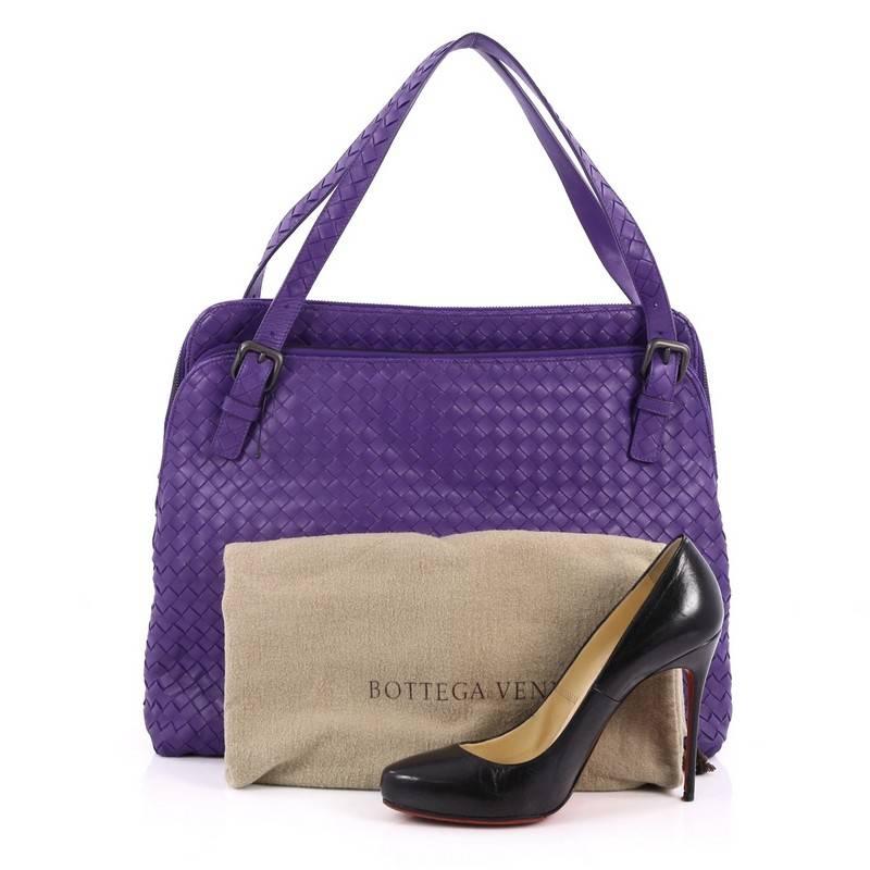 This authentic Bottega Veneta Double Compartment Tote Intrecciato Nappa Large is perfectly designed to carry all your important belongings in style. Crafted from purple leather woven in Bottega Veneta's signature intrecciato method, this tote