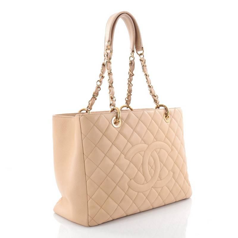 Beige Chanel Quilted Caviar Grand Shopping Tote 