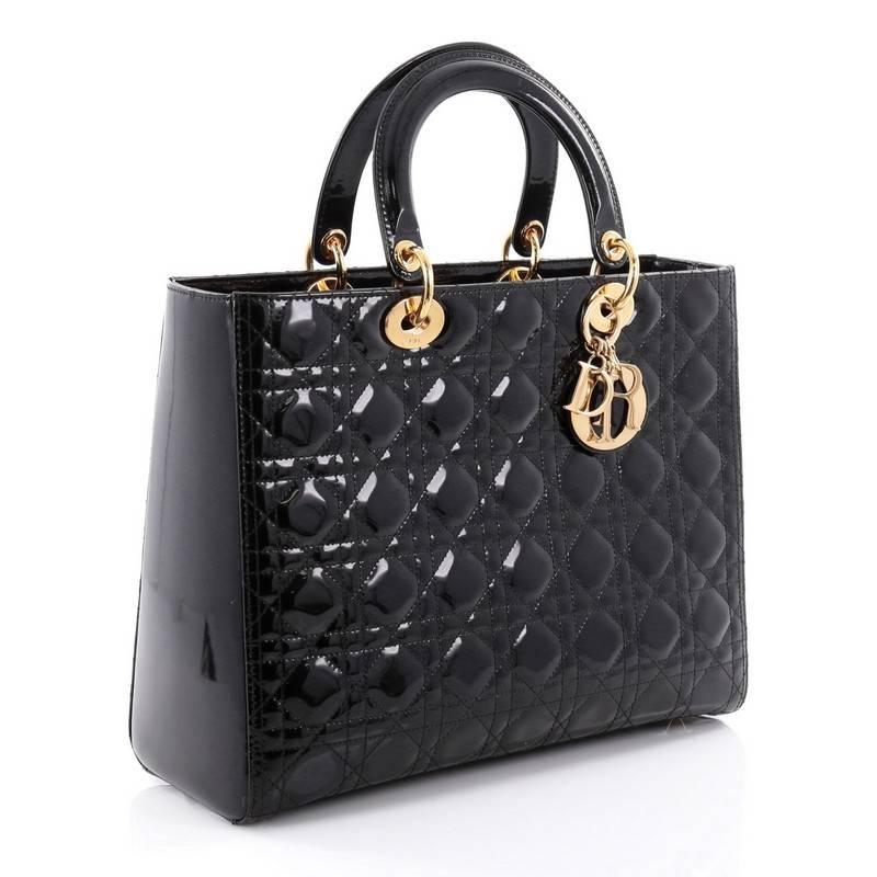 Black Christian Dior Lady Dior Handbag Cannage Quilt Patent Large