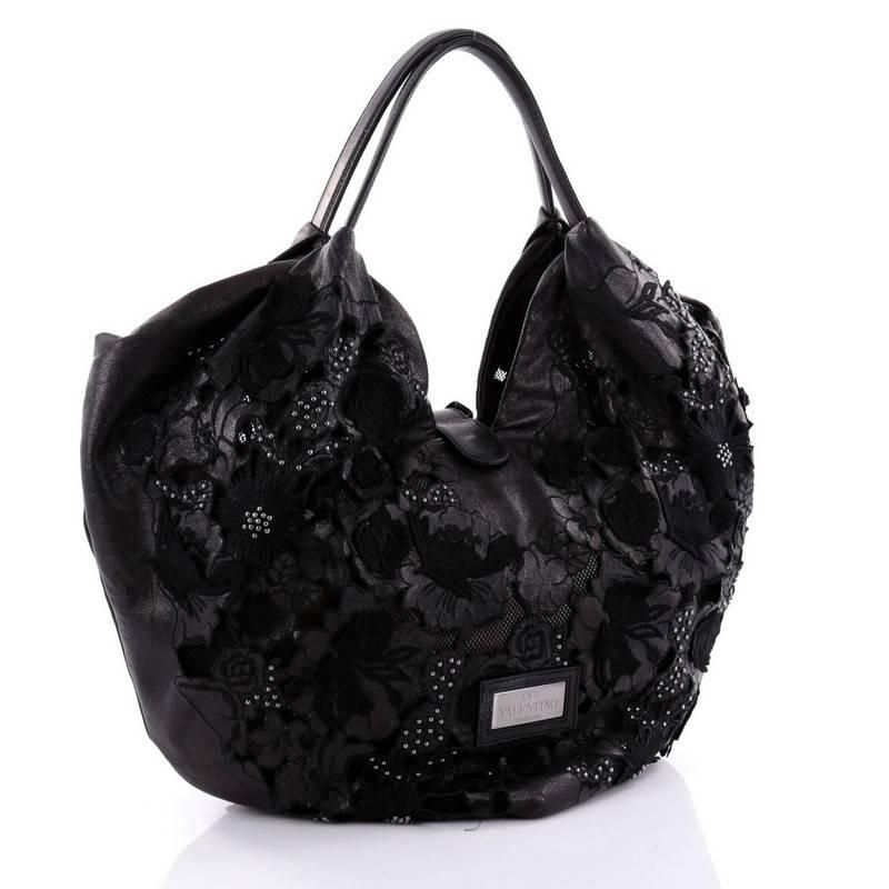 Valentino 360 Lazo Hobo Cuero Encaje Grande Negro