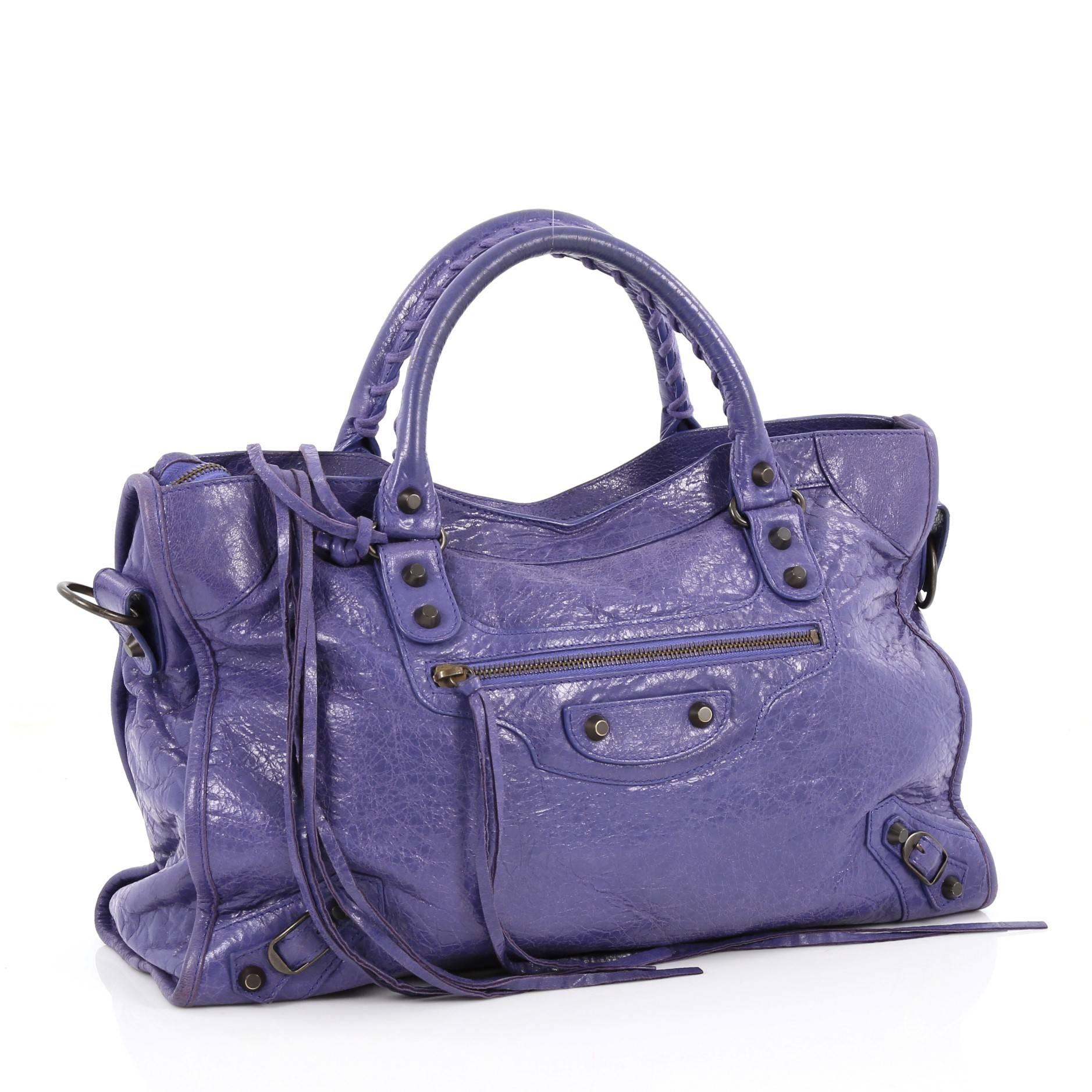Purple Balenciaga City Classic Studs Handbag Leather Medium