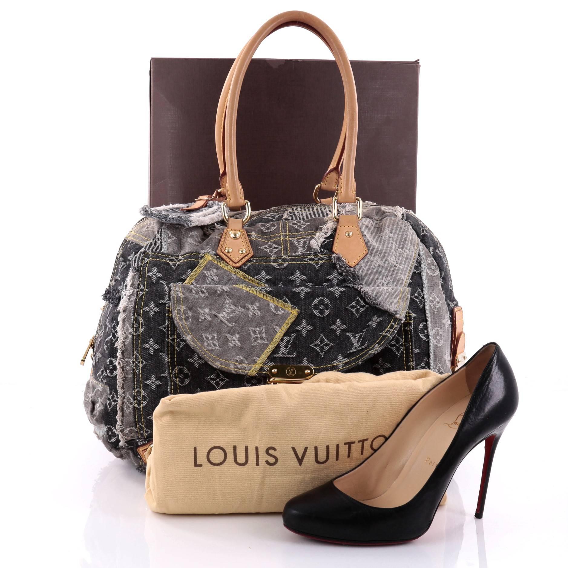 This authentic Louis Vuitton Limited Edition Patchwork Bowly Handbag Denim is a fun and flirty bag from the Louis Vuitton 2006 Spring/Summer Denim collection and is adored by Louis Vuitton lovers everywhere. Crafted in monogram black and grey